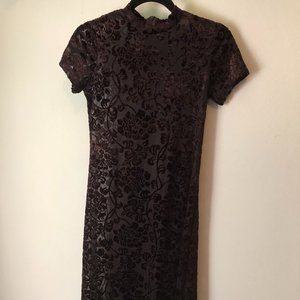 Vintage 90s floral velvet mock neck midi dress